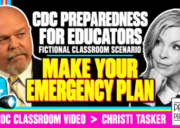Actor From The Cdc Fictional Classroom Video In Color Faces Black And White Christi Tasker, Outlined In White. Cdc Preparedness For Educators. Fictional Classroom Scenario. Yellow Callout Make Your Emergency Plan.