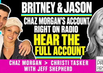 Britney Spears And Jason Alexander From The Original Episode Artwork Beside Christi Tasker In Black And White; Chaz Morgan’s Account Label, Yellow Hear The Full Account Callout And Raspberry Name Banner.