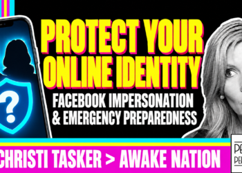 Facebook Account Impersonation &Amp; Emergency Preparedness | Christi Tasker, Awake Nation — Patriots Perspective Thumbnail Featuring Outlined Portraits And A Yellow Viewer Callout.