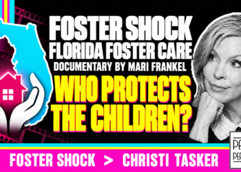 Cyan Florida Silhouette And Symbolic Hands Protecting A House Beside Black And White Christi Tasker. Foster Shock Documentary By Mari Frankel. Yellow Viewer Callout: Who Protects The Children?