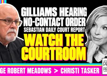 Judge Robert Meadows In Color Faces Black And White Christi Tasker, Both Outlined In White. Gilliams Hearing, No-Contact Order, Sebastian Daily Court Report. Yellow Callout Watch The Courtroom.