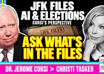 Jerome Corsi In Color Faces Black And White Christi Tasker, Both Outlined In White. Jfk Files, Ai And Elections, Corsi’s Perspective. Yellow Callout Ask What’s In The Files.