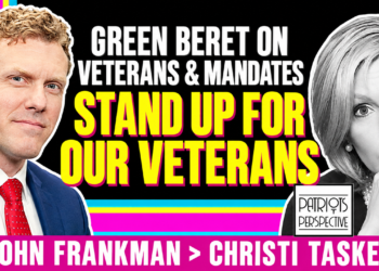 John Frankman In Color Facing Christi Tasker In Black And White, With White Portrait Outlines, Yellow Stand Up For Our Veterans Callout And Names In The Raspberry Banner.