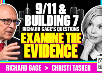 Richard Gage In Color Faces Black And White Christi Tasker, Outlined In White. 9/11 And Building 7, Richard Gage’s Questions. Yellow Callout Examine The Evidence.